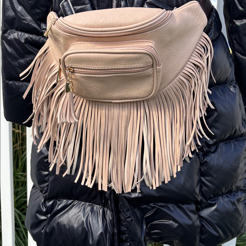 Fanny Pack Fringed, NWOT Faux Light Tan Leather, 14” x 7”x 3”, Adjustable Belt